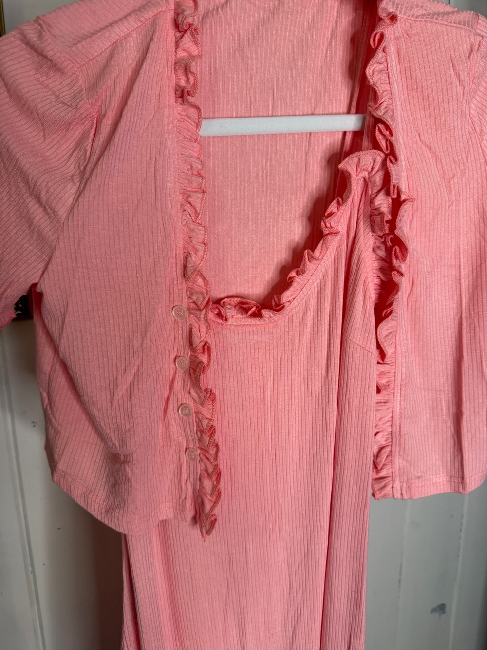 Ruffled Ribbed Sleep Set - Pink